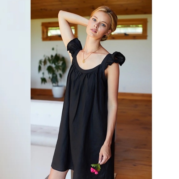 Emerson Fry || Little Party Dress Ruffle Shoulder Linen-Blend Black Small - Picture 1 of 9